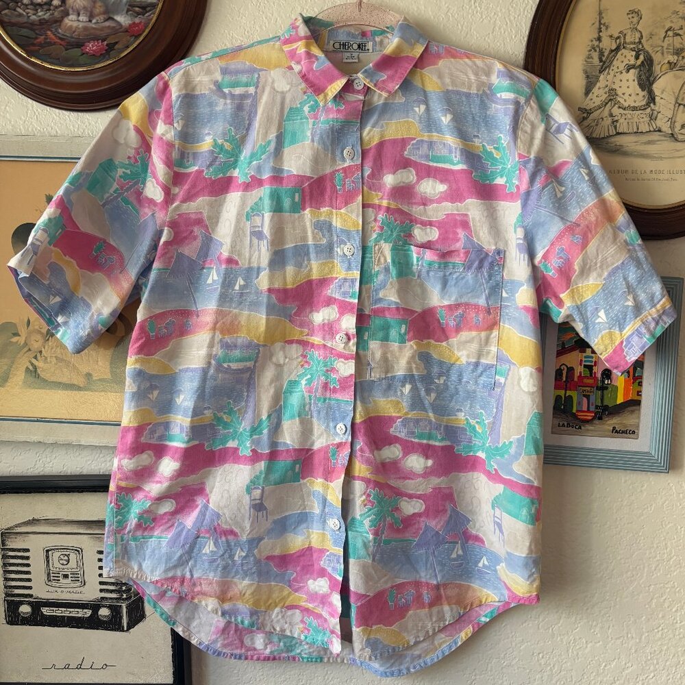 Vintage Cotton Pastel Troprical Print Short Sleeve Button Up